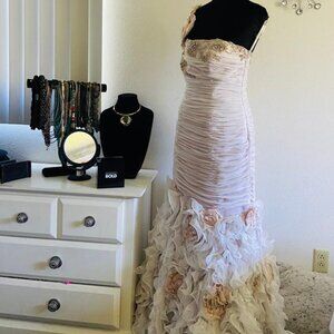 Mac Duggal Ruched Mermaid One Shoulder Gown with 3D Floral Appliques in Size 14